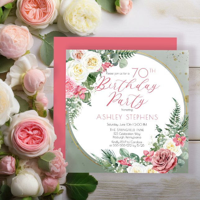 Convites Rosa Rosa Rosa Elegante | Festa de aniversário de  (Elegant Pink Rose and Gold Tone Frame 70th Birthday Party Invitation - Print | Digital Download)
