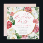 Convites Rosa Rosa Rosa Elegante | Frame aniversário de 30<br><div class="desc">Cor-de-rosa elegante e rosa-rosa e branca,  floral com um design de texto de guião verde-sábio "Festa de aniversário" de eucalipto verde com estrutura circular de linhas douradas geométricas.</div>