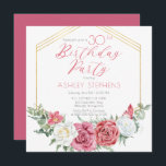 Convites Rosa Rosa Rosa Elegante | Frame aniversário de 30<br><div class="desc">Cor-de-rosa elegante e rosa-rosa e branca com design de texto de guião verde-sábio "Festa de aniversário" com estrutura geométrica de linhas em tons de ouro.</div>