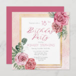 Convites Rosa Rosa Rosa Elegante | Quadro Dourado 18.a Fest<br><div class="desc">Cor-de-rosa elegante e rosa-rosa e branco elegante com design de texto de guião verde-sábio "Festa de aniversário" com estrutura retangular de linhas douradas geométricas.</div>