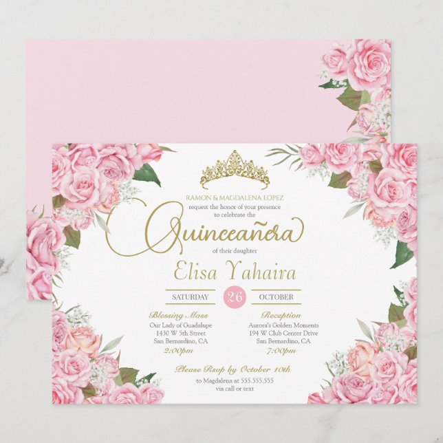 Convites Rosa Rosa Rosa Floral Dourada Tiara Quinceanera (Frente/Verso)