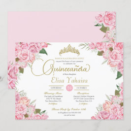 Convites Rosa Rosa Rosa Floral Dourada Tiara Quinceanera