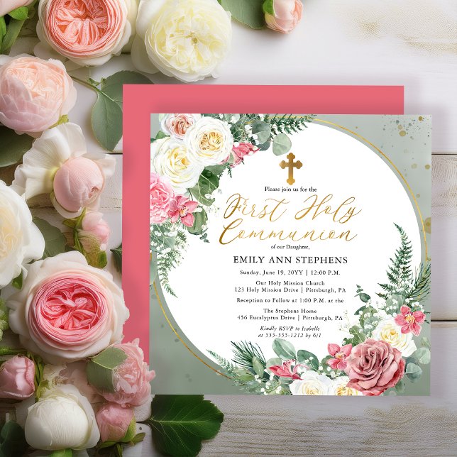 Convites Rosa Rosa Rosa | Frame Floral Dourado Primeira Com (Elegant Pink Rose and Gold Tone Frame Girl First Holy Communion Invitation -Print | Digital Download)
