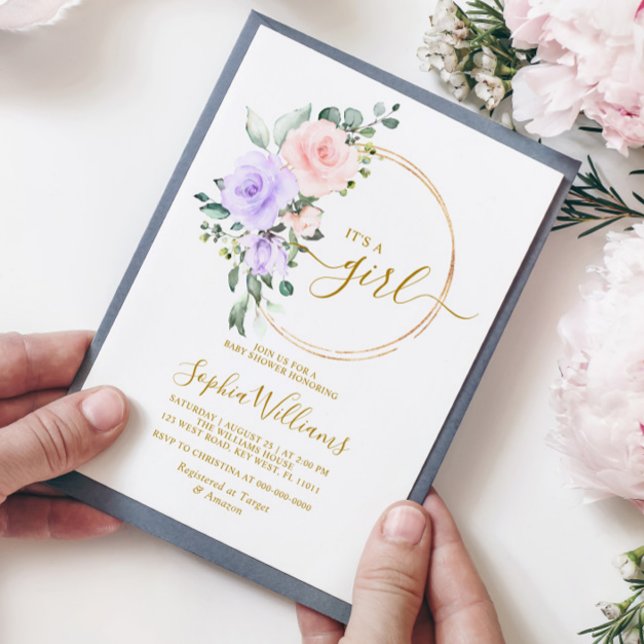 Convites Rosa Rosa Rosa Púrpura e Chá de fraldas Dourado (Criador carregado)