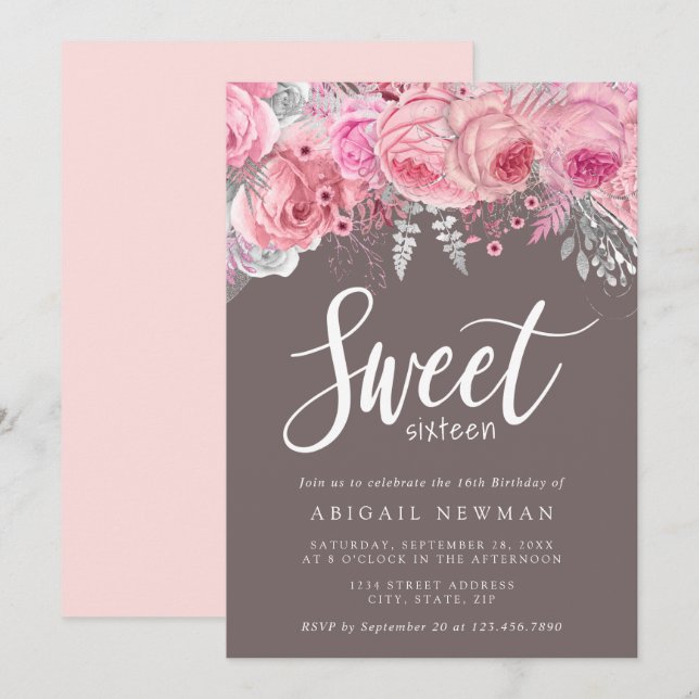 Convites Rosa-rosa-rosa-rosa-Elegante ouro-doce-dezesseis (Frente/Verso)