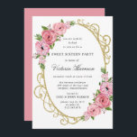 Convites Rosa Rosa Rosa Rosa Floral Dourada Quadro Doce 16<br><div class="desc">Convite de aniversário elegante e tradicional cor-de-rosa verde 16. Um quadro de ouro branco e ornamentado rodeia seus detalhes de celebração do Sweet 16. As rosas e as peonias cor-de-rosa decoram a estrutura dourada. As flores estão aninhadas em folhas e vinhas verdes escuras. O convite de volta é rosa. Este...</div>