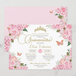 Convites Rosa Rosa Rosa Rosa Floral Dourada Tiara Borboleta