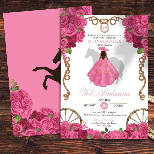 Convites Rosa Rosa Rosa Rosa Ocidental Charro Quinceanera (Criador carregado)