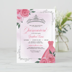 Convites Rosa Rosa Rosa Rosa, Prata e Floral Branca Tiara Q