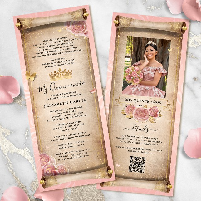 Convites Rosa Rosa Rosa Rosa Rosa Dourada Mis Quince Rolar  (Elegant gold and blush pink rose quinceanera scroll invitation cards for your fairytale birthday.)