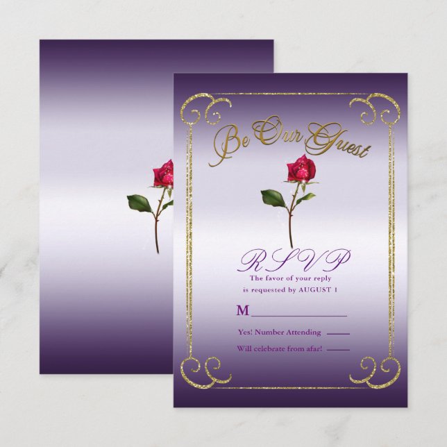 Convites Rosa Roxa de Beleza Casamento Purple & Gold RSVP R (Frente/Verso)
