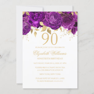 Convites Rosa Roxa Dourado Floral Aniversário de 90 anos