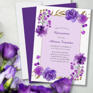 Convites Rosa Roxa e Folha de Ouro Elegante Quinceanera