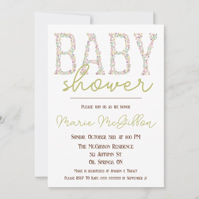 Convites Rosa, Roxo, Azul, Chá de fraldas Floral (Frente)