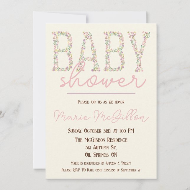 Convites Rosa, Roxo, Azul, Chá de fraldas Floral (Frente)