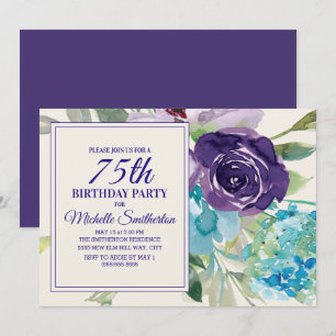 Convites Rosa Roxo Azul Floral em Aquarela para Aniversário