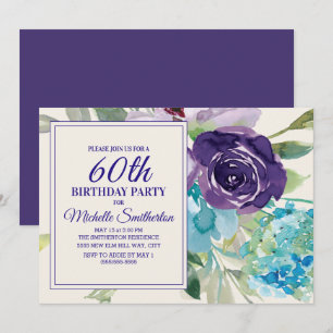 Convites Rosa Roxo Azul Floral em Aquarela para Aniversário