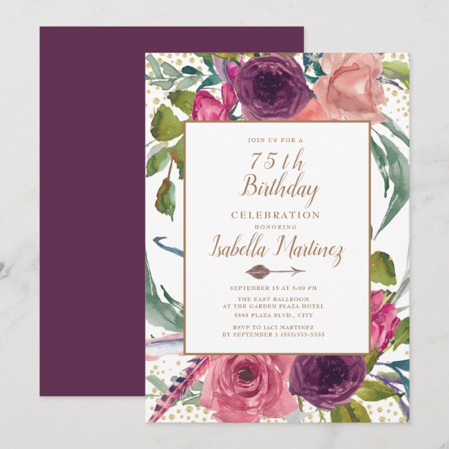 Convites Rosa Roxo Boho Pena Floral Dourado Aniversário de  (Frente/Verso)