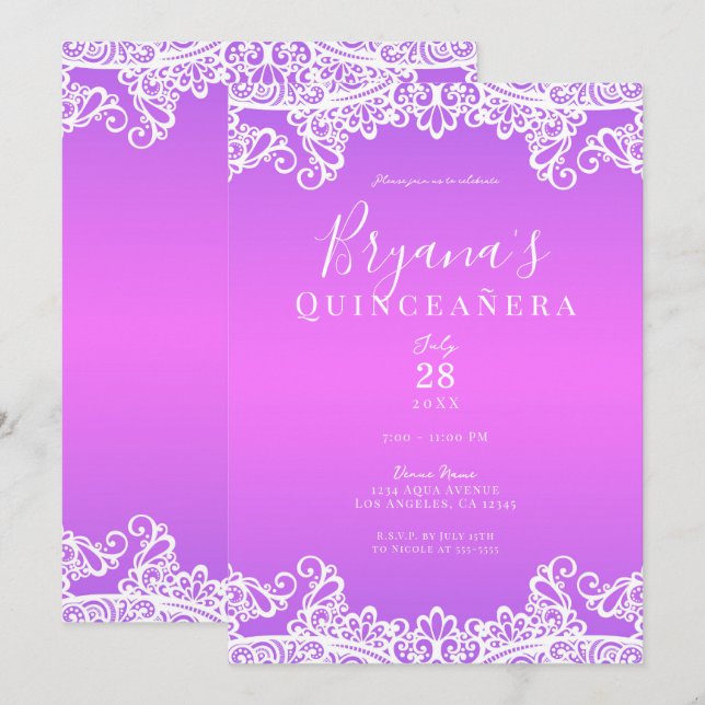 Convites Rosa Roxo Branco de Renda Festa de Quinceañera Ele (Frente/Verso)
