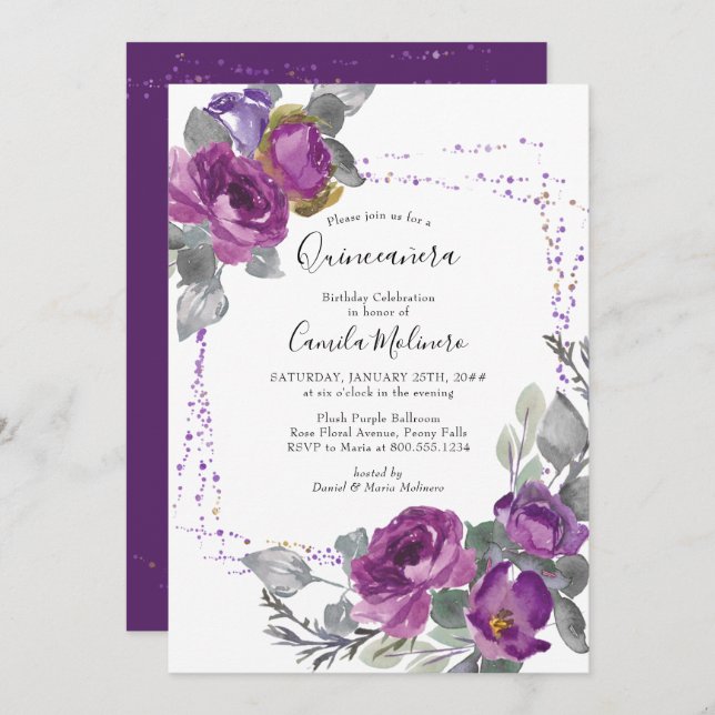 Convites Rosa Roxo Confetti Frame Floral Quinceanera (Frente/Verso)