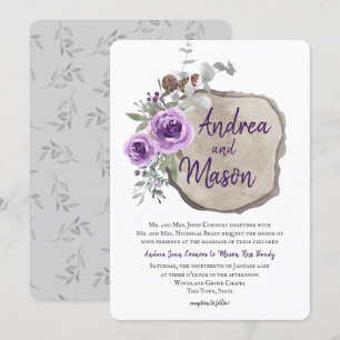 Convites Rosa Roxo da Fatia de Log e Casamento Eucalyptus