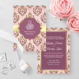 Convites Rosa Roxo Dourado Damask Casamento Muçulmano Retrô