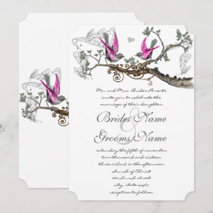 Convites Rosa Roxo e Cinza Vintage Pássaros Casamento