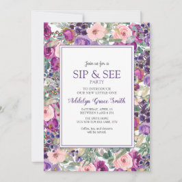 Convites Rosa Roxo Floral Bebê Menina Sip See Chuveiro
