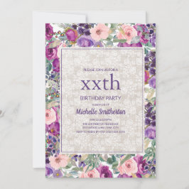 Convites Rosa Roxo Floral Renda Aniversário de Qualquer Ida
