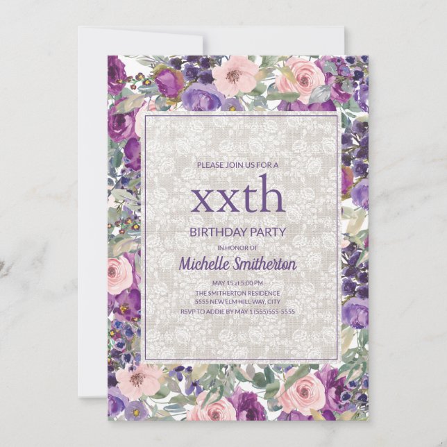 Convites Rosa Roxo Floral Renda Aniversário de Qualquer Ida (Frente)
