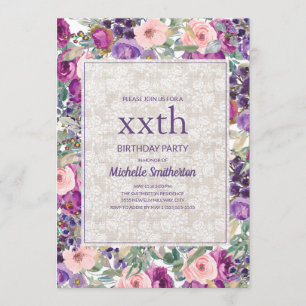 Convites Rosa Roxo Floral Renda Aniversário de Qualquer Ida