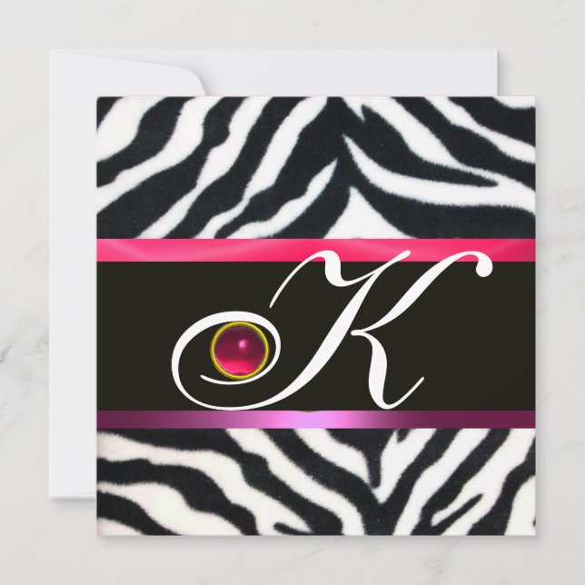 CONVITES ROSA ROXO PRETO BRANCO PELÚCIA DE ZEBRA MONOGRAMA  (Frente)