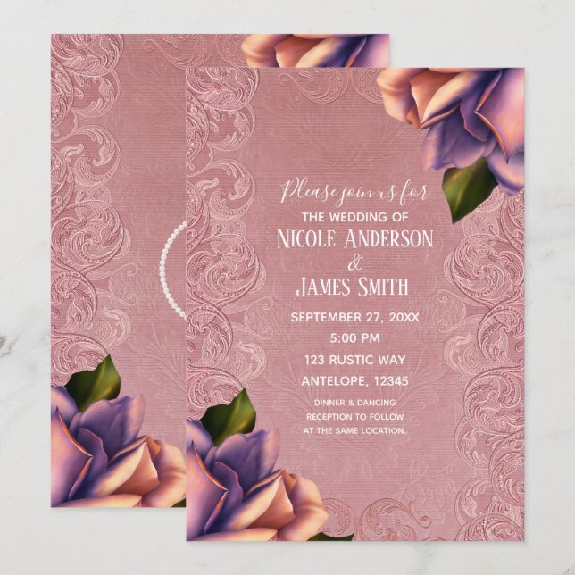 Convites Rosa Roxo Vintage Antigo Rosa Elegante Casamento (Frente/Verso)