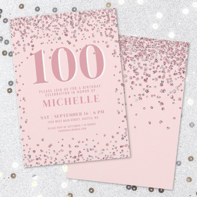 Convites Rosa Rubor Aniversário de 100 anos (Blush Pink 100th Birthday Invitation)