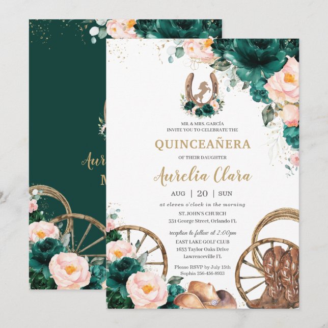 Convites Rosa Rubor Esmeralda Verde Faroleste Quinceañera  (Frente/Verso)