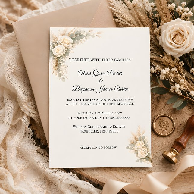 Convites Rosa Rústica de Luxo com Grama das Pampas (Luxury rustic wedding invitation)