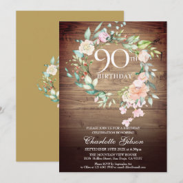 Convites Rosa Rústico Garland Monograma 90 de Aniversário