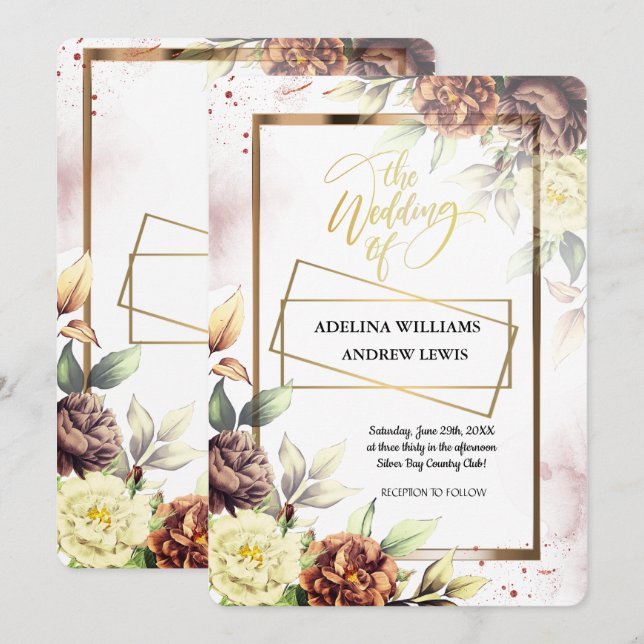 Convites Rosa Simples Minimalista, Casamento Dourado (Frente/Verso)