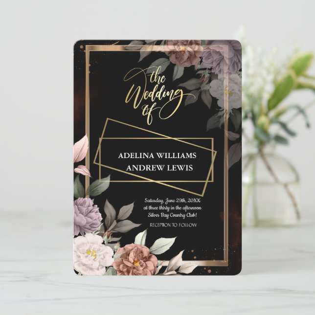 Convites Rosa Simples Minimalista, Casamento Dourado (Em pé/Frente)