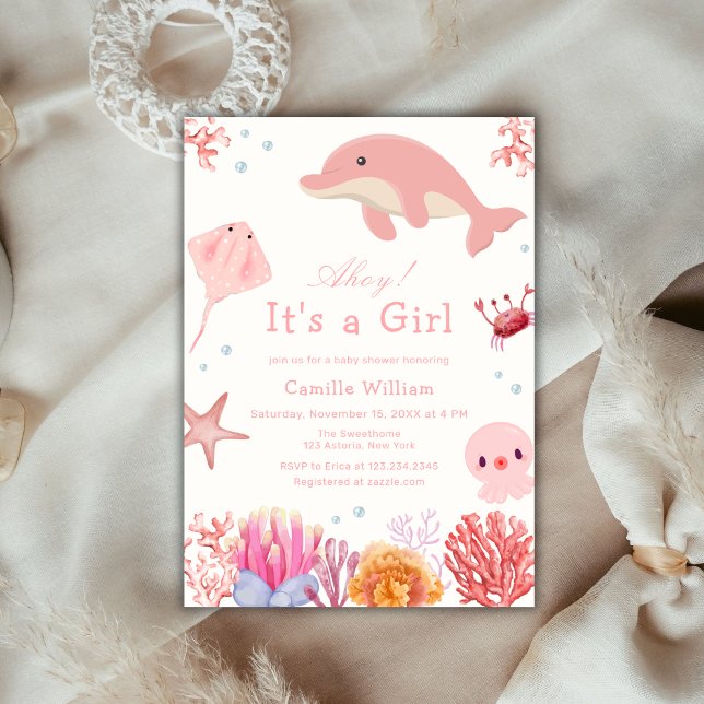 Convites Rosa Sob O Chá de fraldas Da Garota Do Golfinho (Pink Ahoy Under The Sea Dolphin Girl Baby Shower Invitation)