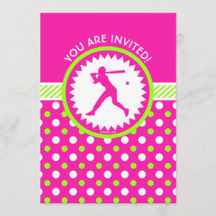Convites Rosa Softball Personalizado - Pontos Polka Verdes