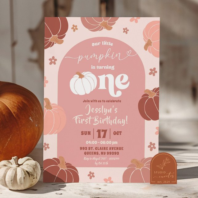 Convites Rosa Suave Abóbora Floral Retro Aniversário de 1 A (Criador carregado)