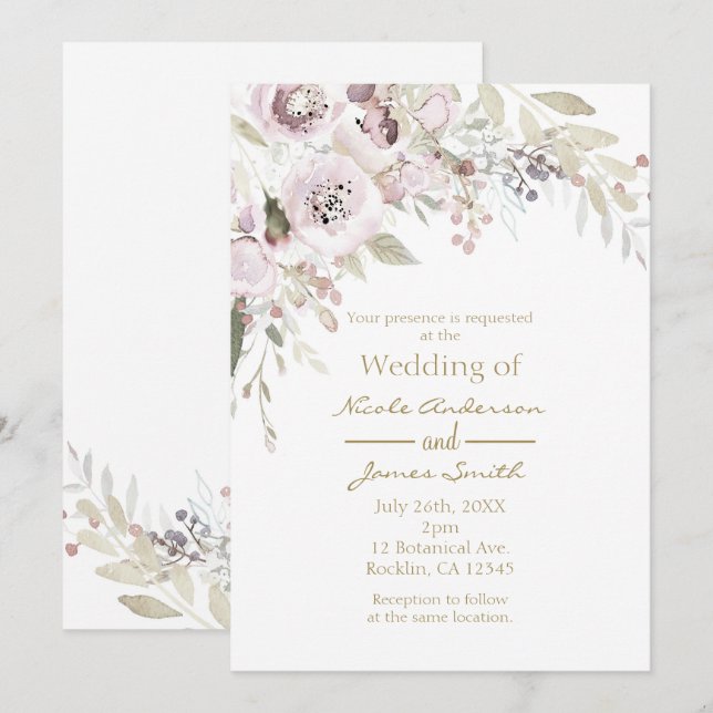 Convites Rosa Suave Aquarela Floral Elegante Noiva Casament (Frente/Verso)