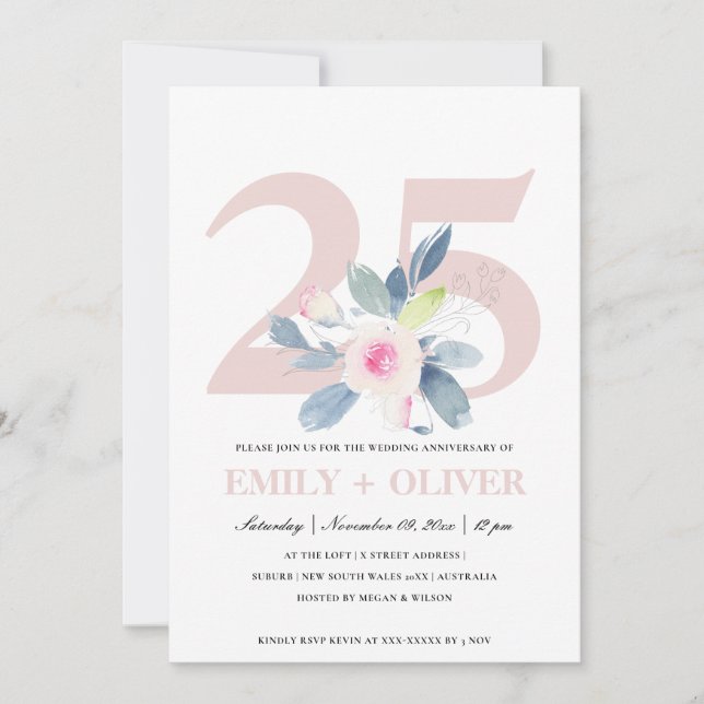 CONVITES ROSA SUAVE AZUL FLORAL 25º ANIVERSÁRIO DE QUALQUER (Frente)