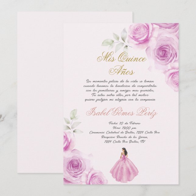 Convites Rosa suave Quinceanera em espanhol (Frente/Verso)