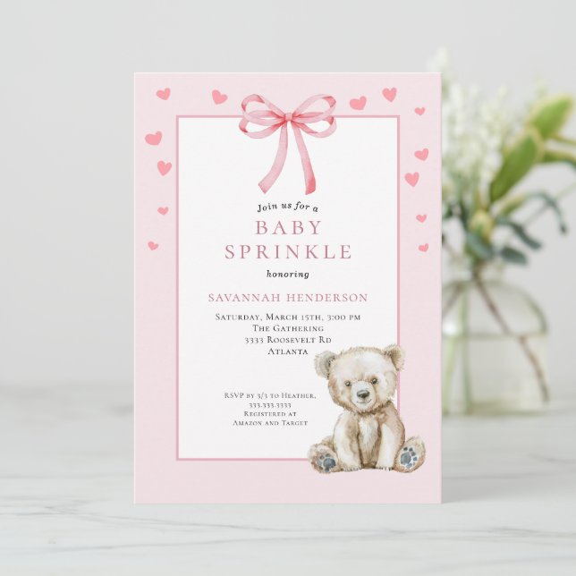 Convites Rosa Suave Sprinkle de Bebê com Laço Urso Teddy Fo (Em pé/Frente)