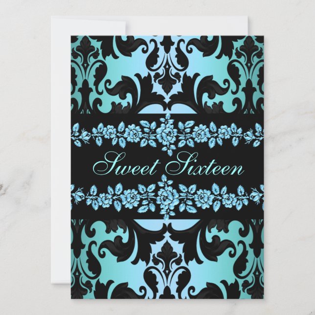 Convites Rosa Sweet16 Damask Blue Birthday Invite (Frente)