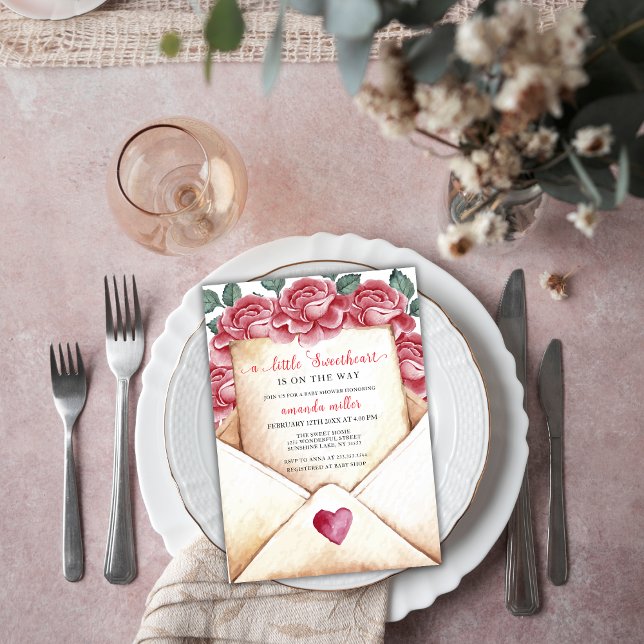 Convites Rosa Swetheart - Chá de fraldas Namorados (Rose Sweetheart Letter Valentine Baby Shower Invitation)