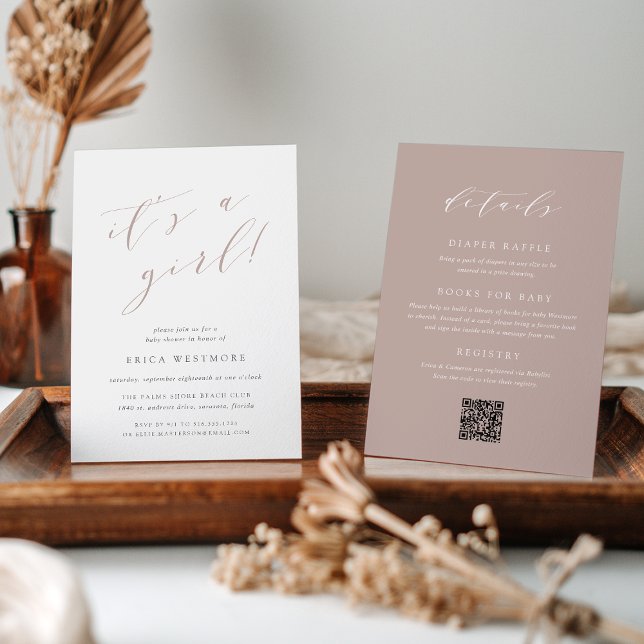 Convites Rosa Taupe "É uma Garota" Tudo em Um Chá de fralda (Criador carregado)