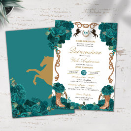 Convites Rosa Teal Country Western Charro Quinceanera